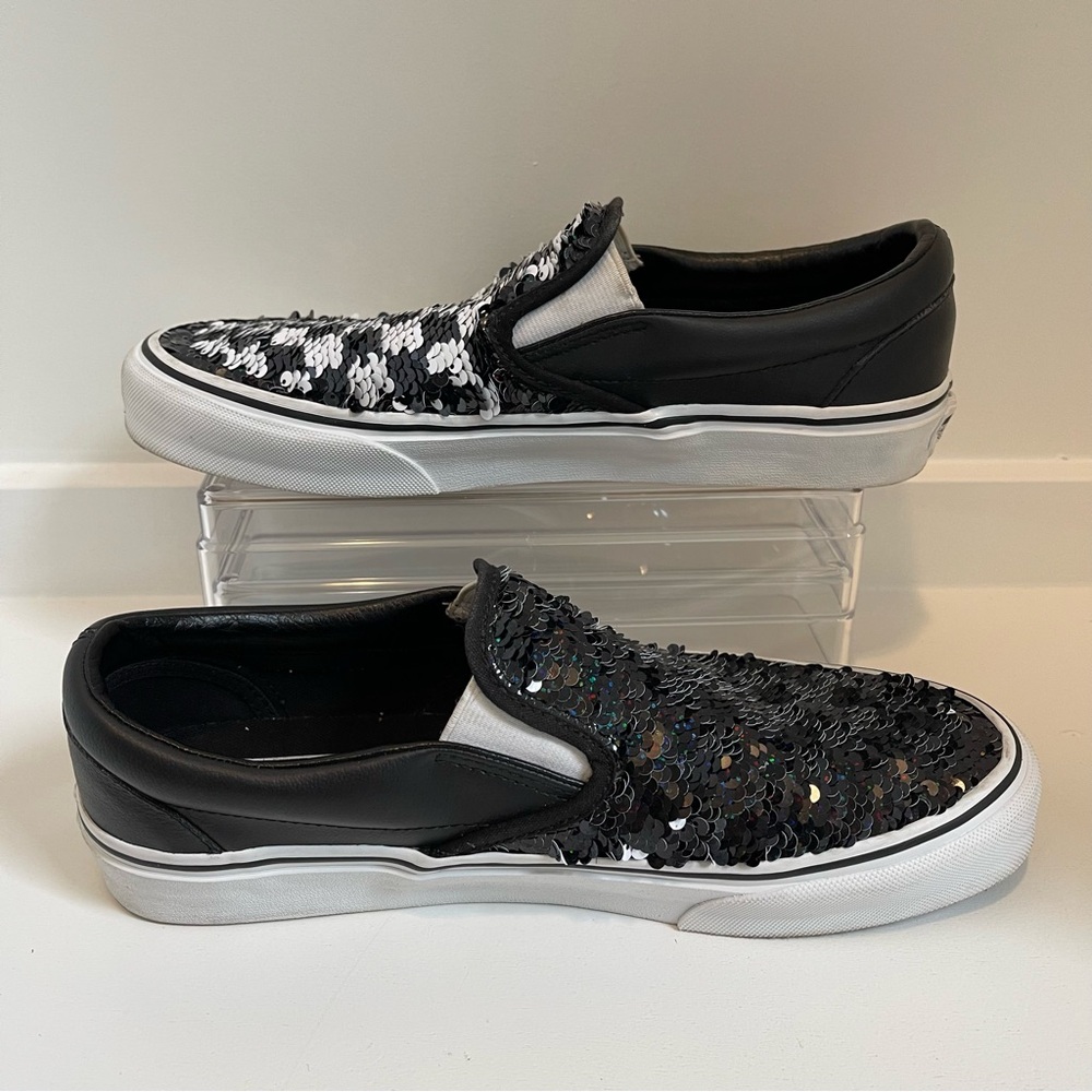 Vans Classic Slip-On Flipping Sequins Black Checkerboard Women's Shoes 9.5